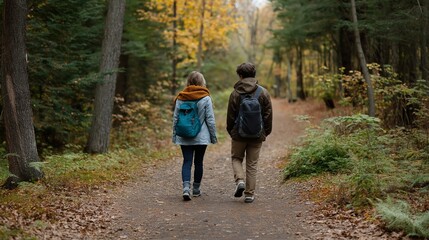 Couple hikes autumn trail with backpacks nature activity. AI generated.