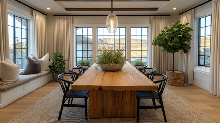 Fototapeta premium Elegant Dining Room: An inviting dining room bathed in natural light, featuring a large wooden dining table, comfortable chairs, and lush greenery.