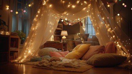 Cozy tent with pillows and string lights illuminates room. AI generated