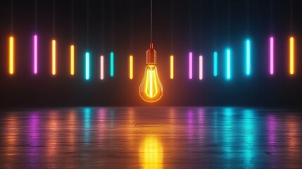 Glowing Lightbulb with Neon Lights in Dark Setting