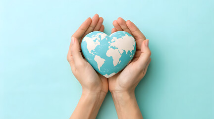 Female hands painted with world map forming heart shape