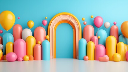 Pastel Balloons and Geometric Arch in a Vibrant 3D Render