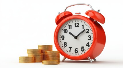 Red Alarm Clock and Stack of Gold Coins on White Background