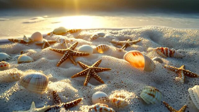 Colorful seashells and starfish scattered on sandy beach, with gentle waves lapping at the shore, creating a serene coastal atmosphere and inviting natural beauty. Generative 4k video.