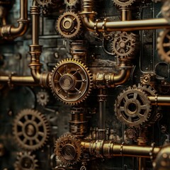 Fototapeta premium A steampunk neural network with brass pipes and gears forming connections