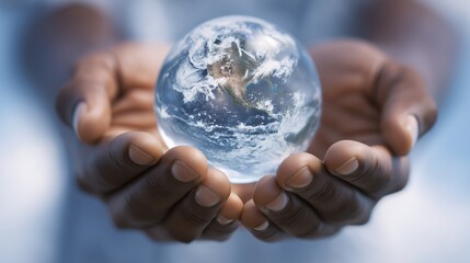 Hands support translucent globe representing global responsibility and sustainability. AI generated.