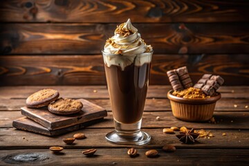 Indulgent Chocolate Beverage with Whipped Cream and Crumble Topping Served in Elegant Glassware Alongside Sweet Biscuits on Rustic Wooden Table