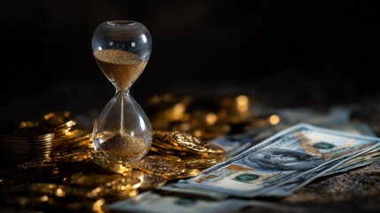 Hourglass over coins and bills symbolizing time finance investment. AI generated