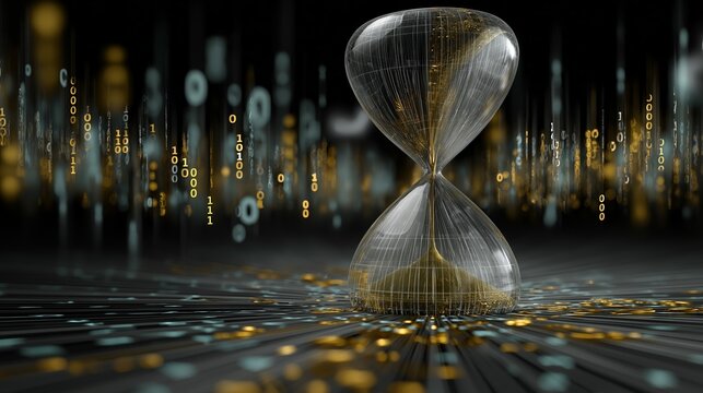 Hourglass filled binary code symbolizes abstract time visualization. AI generated - Powered by Adobe