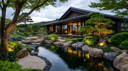 Fototapeta premium Serene Japanese House and Garden: A captivating vista of a traditional Japanese house harmoniously blended with its lush, meticulously crafted garden, radiating tranquility and elegance.