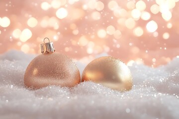 Two large gold Christmas ornaments with snow falling around them.