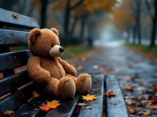 Lonely lost bear on a bench in a rainy park. Loneliness concept, International Missing Children's Day