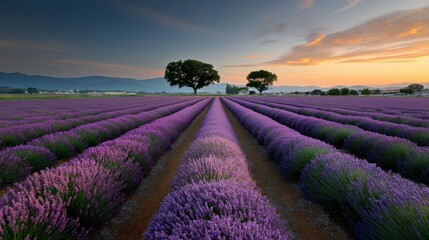 Lavender field under vivid sunrise sky features golden hour lighting. AI generated
