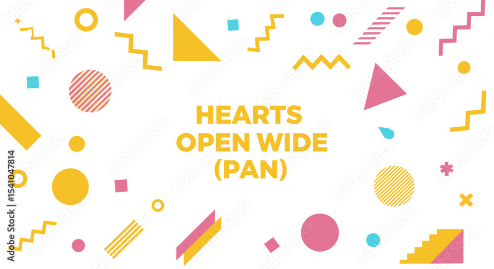 Poster hearts open wide (pan). colorful geometric shapes background. abstract retro memphis style design fo