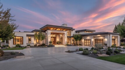 Modern luxurious home with a large driveway at twilight under colorful sky