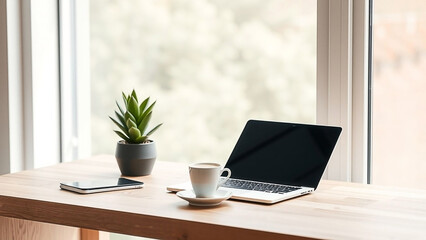 Minimalist Home Office Workspace with Laptop, Coffee, and Plant by Window Light