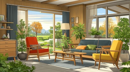 Fototapeta premium Cozy living room with garden view: a bright and inviting living room with a mid-century modern aesthetic, offering a serene view of a flourishing outdoor garden.