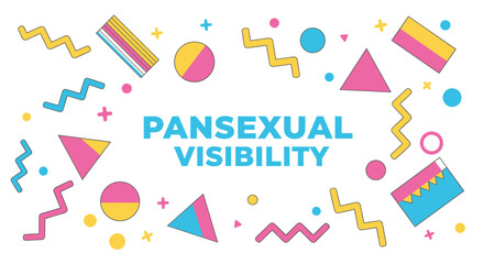 PANSEXUAL VISIBILITY. Retro geometric design with pink, yellow, and blue shapes celebrating LGBTQ pride and awareness. Abstract eighties nineties style background for community support and inclusion.
