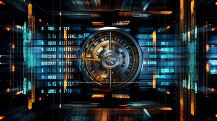 Metal vault door with binary code inside digital landscape. Cybersecurity fintech online themes. AI generated