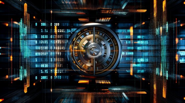 Metal vault door with binary code inside digital landscape. Cybersecurity fintech online themes. AI generated