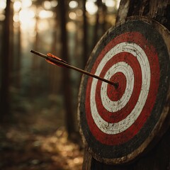 A target with an arrow in the center, set against a blurred forest background. The arrow hitting the bullseye represents precision and goal achievement