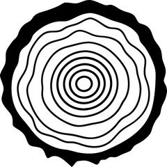 Abstract black and white illustration of a tree stump cross section showing growth rings and organic texture simple graphic design concept