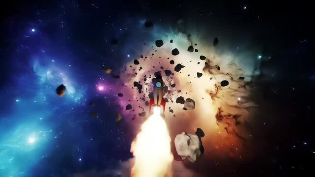 Red Rocket Launching Through Astroid Field in Vivid Nebula
