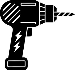 Black and white illustration of an electric drill power tool suitable for construction and repair projects perfect for diy enthusiasts