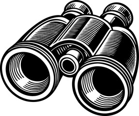 Detailed black and white vector illustration of a binoculars showing a side profile perspective perfect for design and editorial projects