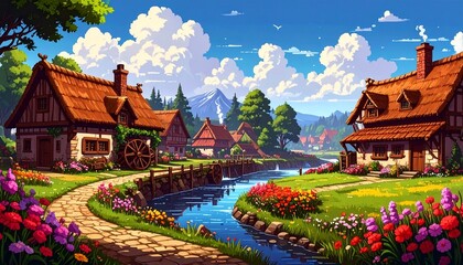 レトロゲーム風の自然なピクセルアート背景（穏やかな昼下がりの村） Generative AI