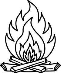 Simple black and white outline illustration of a campfire burning with flames and wooden logs for a camping or outdoors theme