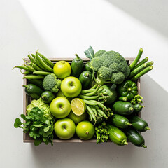 Fresh assorted green vegetables and fruits artfully arranged in a rustic wooden box