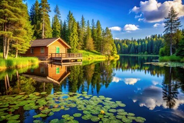 Fototapeta premium Serene Lakeside Cabin Retreat with Majestic Reflections in a Tranquil Forest Setting