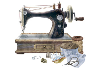 Vintage sewing machine and tailoring supplies. Realistic watercolor painting isolated on white background. For haberdashery, master classes, sewing blog or website design. Postcards and business cards