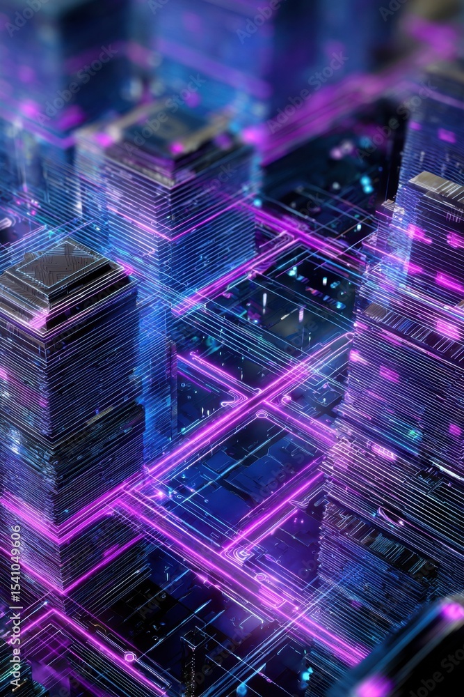 Poster abstract futuristic cityscape at night with neon lights, representing innovation and digital transfo