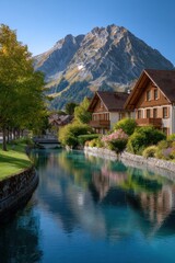 Fototapeta premium Picturesque Village Canal Reflecting Mountains, Showcasing Serenity and Travel Destination Appeal, Ideal for Tourism Marketing and Vacation Planning : Generative AI