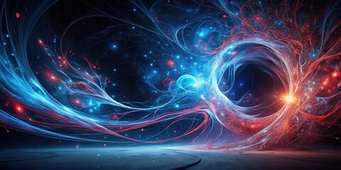 Obraz premium Abstract cosmic swirls of vibrant energy, ethereal light trails, and glowing nebulae create a captivating otherworldly scene on a dark, smooth surface.