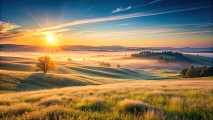 Golden Hour Serenity A Lone Tree Stands Sentinel Over Rolling Hills Bathed in Sunrise Mist