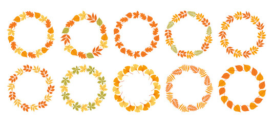 Simple autumn leaves circle frame set. Cute wreath border of autumn leaves. Hello fall. Vector seasonal illustration. Template for poster, postcard. © spirka.art