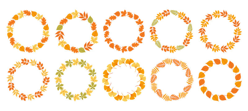 Simple autumn leaves circle frame set. Cute wreath border of autumn leaves. Hello fall. Vector seasonal illustration. Template for poster, postcard.