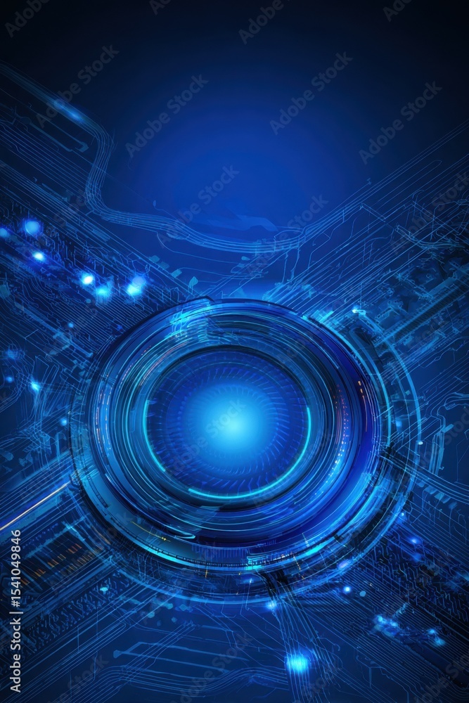 Poster Glowing Blue Tech Eye With Circuit Board Texture, Symbolizing Digital Transformation and Innovation in Technology Solutions, Perfect for Advertising : Generative AI