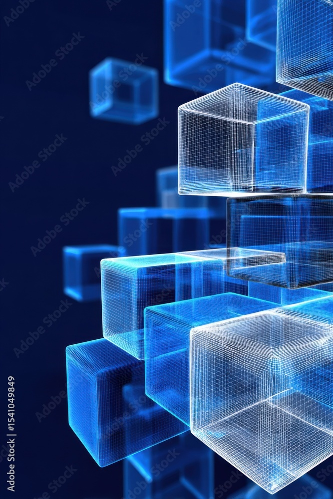 Poster Abstract Blue Wireframe Cubes Floating in Formation, Representing Digital Transformation and Blockchain Technology : Generative AI