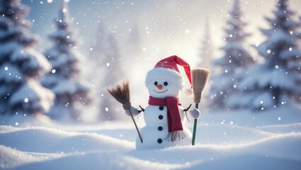 Merry christmas and happy new year greeting card with copy-space.Happy snowman standing in christmas landscape.Snow background.Winter fairytale
