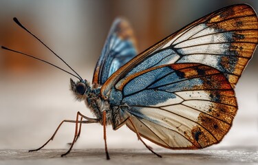Obraz premium Detailed Macro Shot of a Monarch Butterfly on a Wooden Surface, Symbolizing Transformation and Environmental Awareness : Generative AI
