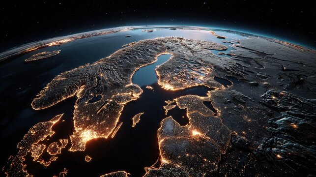 Earth at Night from Space, Featuring City Lights in Europe, Illustrating Global Connectivity and Infrastructure Investment : Generative AI