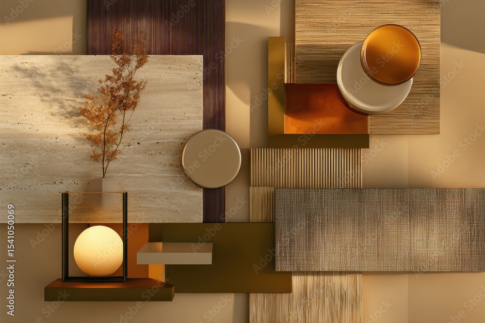 Poster abstract composition of geometric shapes and natural elements in warm tones, ideal for interior desi