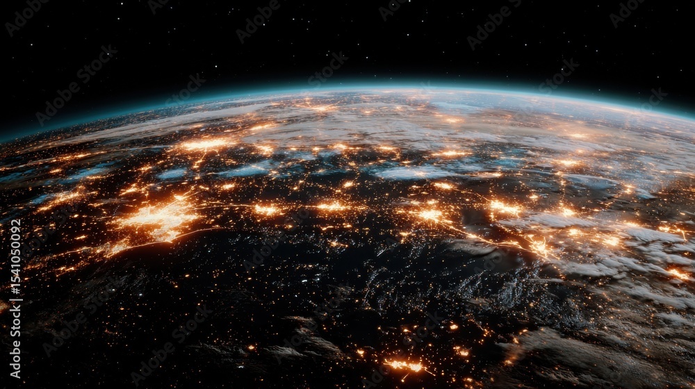 Poster earth from space at night, showing city lights and the atmosphere, representing global connectivity 