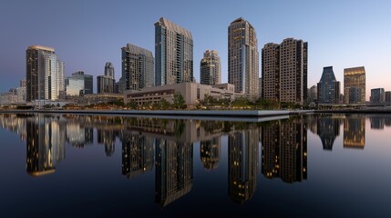Panoramic city skyline displays office towers with dusk reflections. Glass buildings glow with city lights. AI generated.