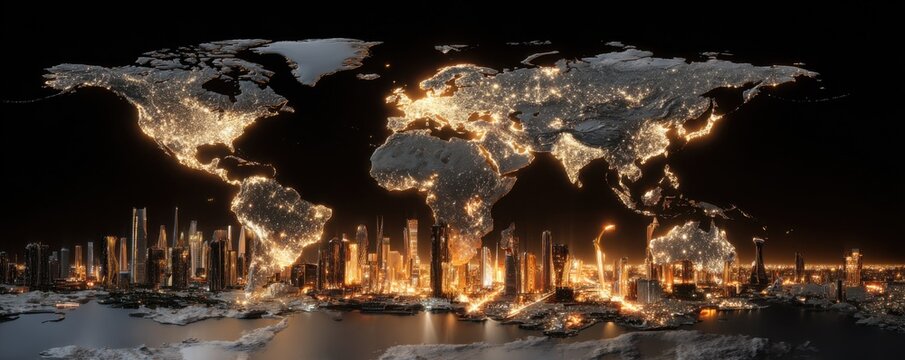 Futuristic Cityscape Under World Map at Night, Displaying Urban Innovation and Global Connectivity for Infrastructure and Technology Companies : Generative AI - Powered by Adobe