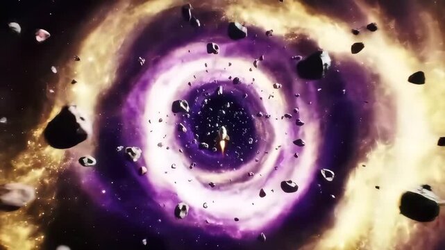 Spaceship Flying Through Purple Nebula Towards Black Hole